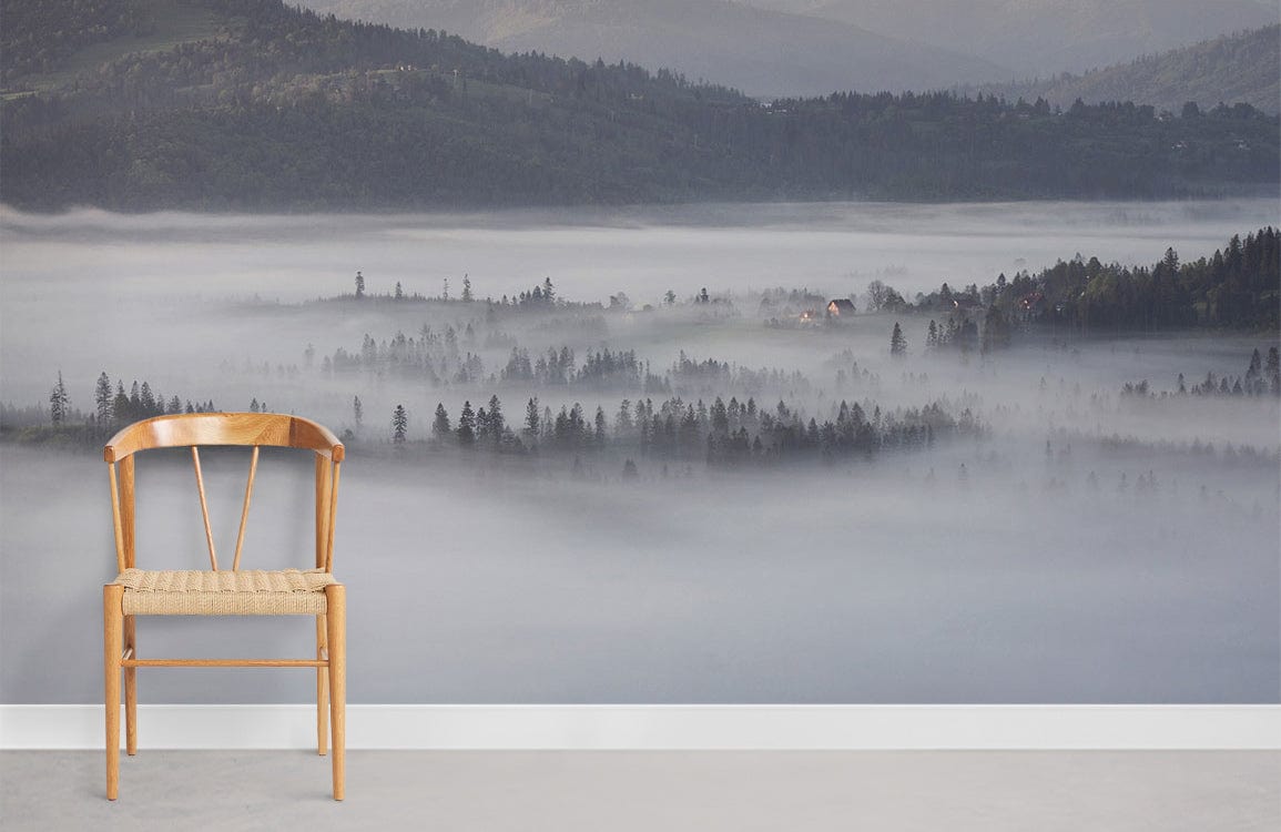 white fog surrounded forest wallpaper for room