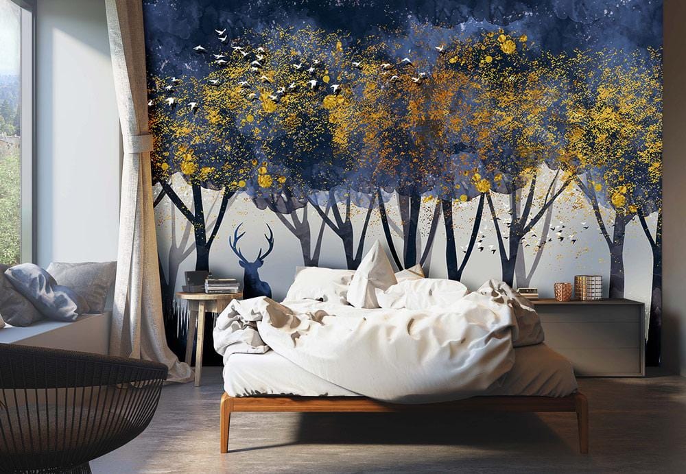 Wallpaper mural with a gloomy forest scene, ideal for use as bedroom decor