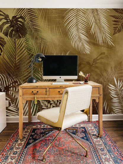 tropical leaves wall mural study room interior decoration