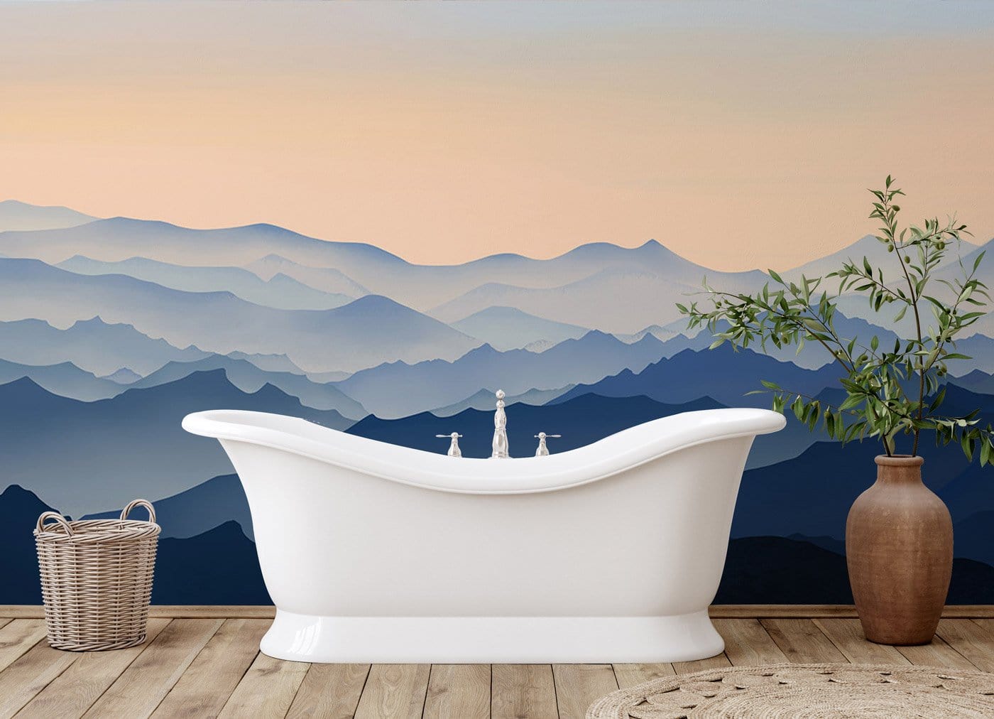 Bathroom wall murals with a foggy mountain backdrop