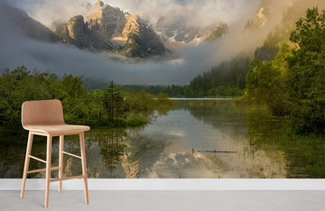 Misty Mountain Lake Scenic Mural Wallpaper