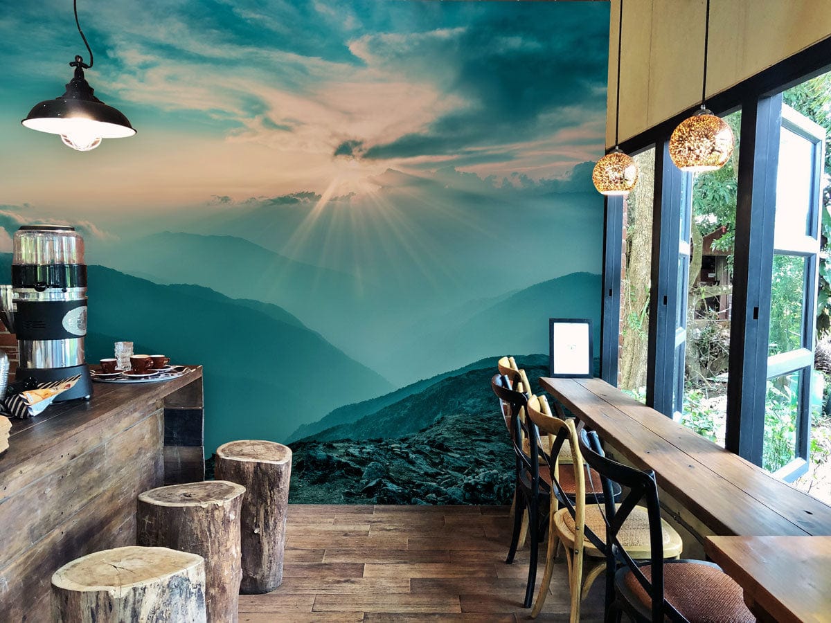 Wallpaper mural depicting the Misty Mountains at dawn, ideal for use in decorating coffee shops.