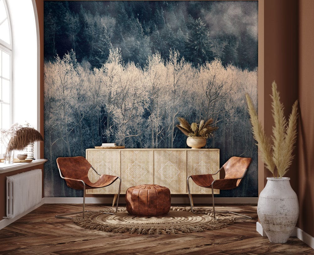 Wallpaper mural depicting a misty silver forest for use in decorating the hallway