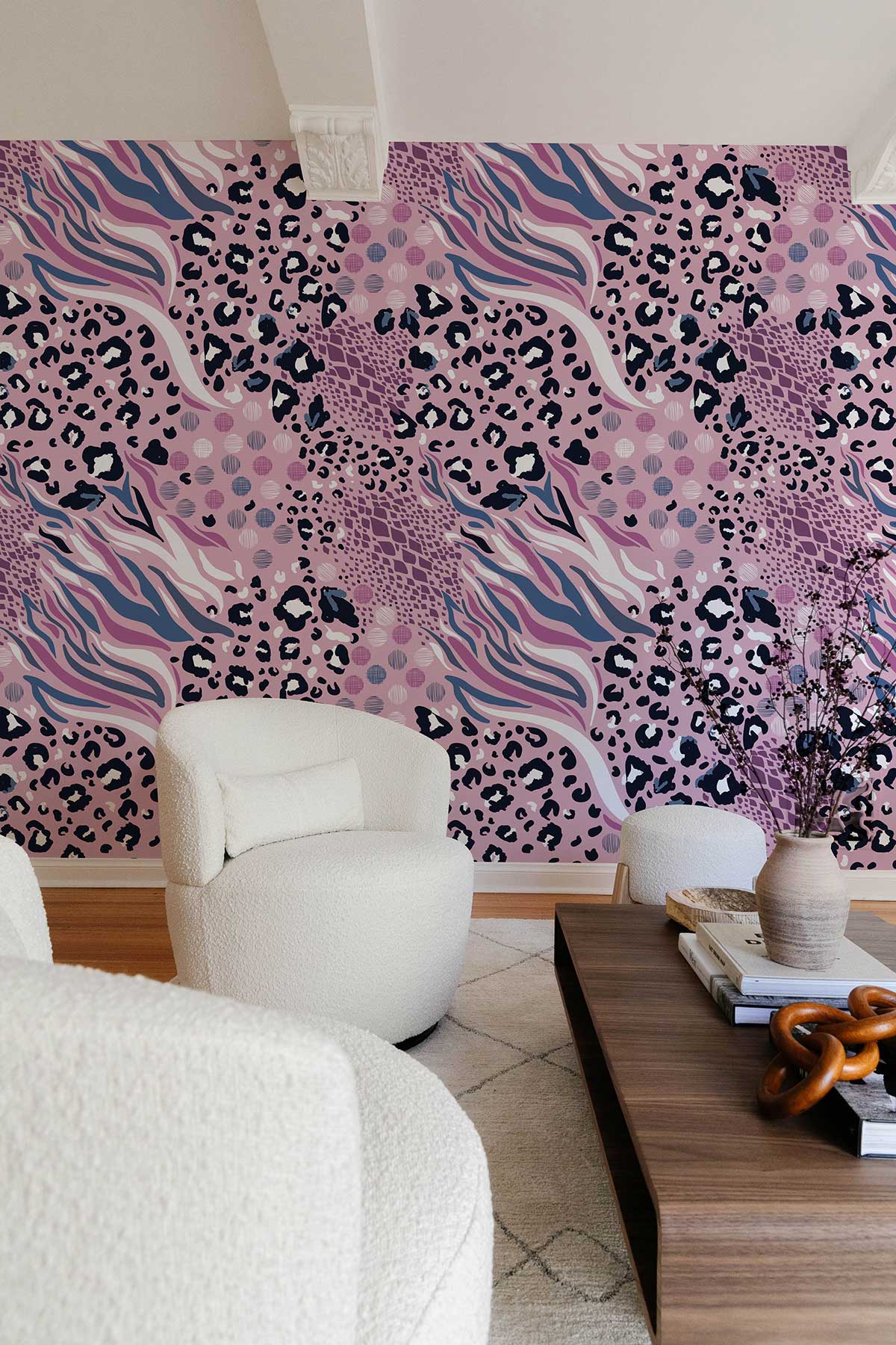 wallpaper mural with an abstract animal print, preferably in purple, for use in decorating the living room.