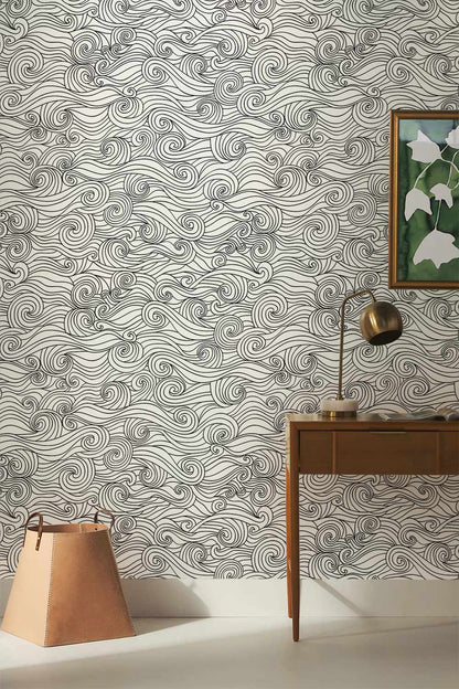 Abstract Swirl Pattern Black Wallpaper Mural in living room