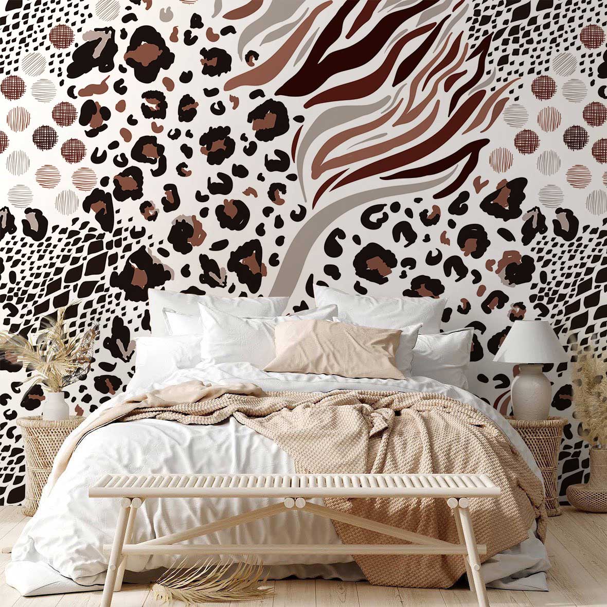 bedroom decoration wallpaper mural with a variegated design of fur and animals