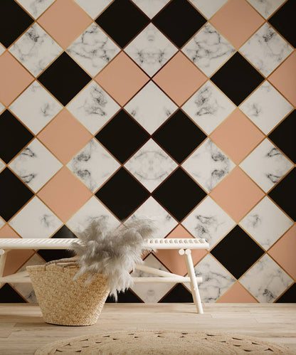 The living room features a mixed marble wallpaper mural.