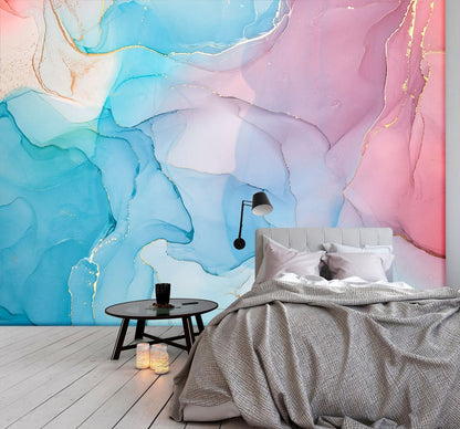 Abstract Watercolor Ink Marble Mural Wallpaper in bedroom