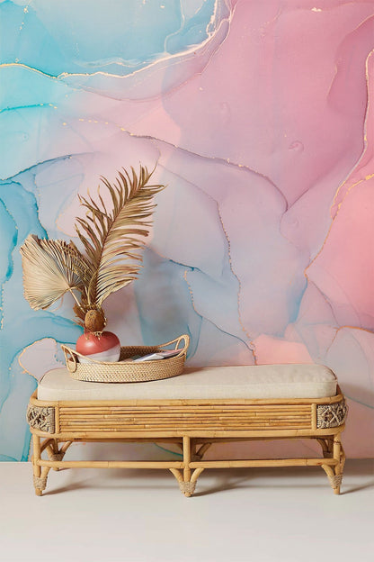 Abstract Watercolor Ink Marble Mural Wallpaper in living room