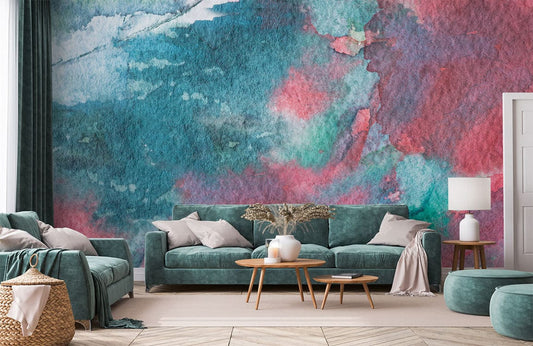 mixed watercolor stain wallpaper mural living room decor