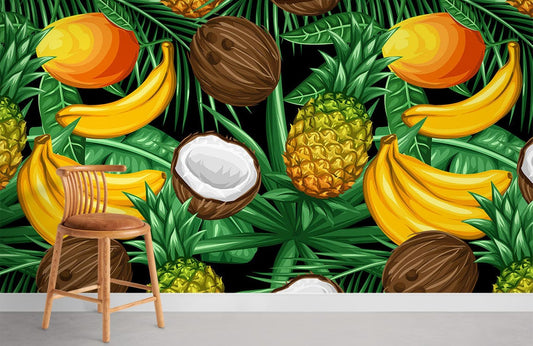 a wallpaper including images of tropical fruits and foliage such as pineapples and bananas