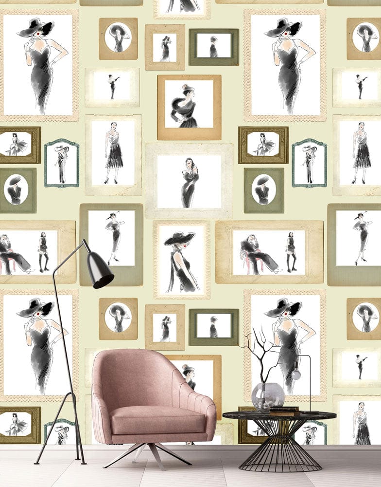 Vintage Fashion Portrait Gallery Mural Wallpaper in living room