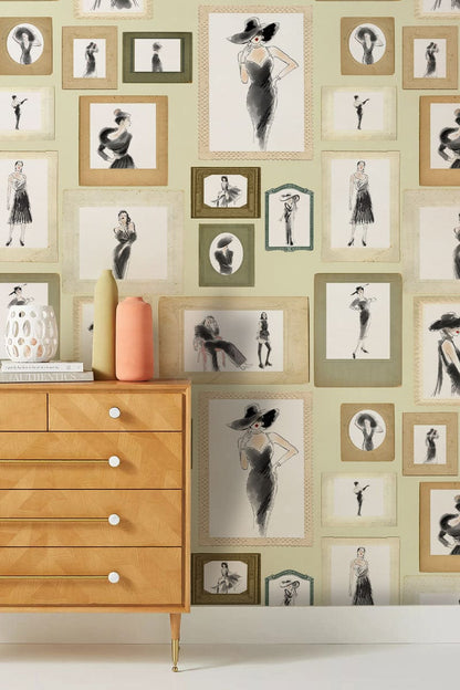 Vintage Fashion Portrait Gallery Mural Wallpaper in living room