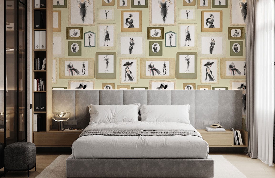 Vintage Fashion Portrait Gallery Mural Wallpaper in bedroom