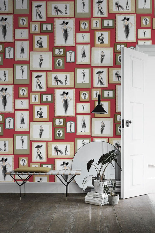 Chic Vintage Lady Illustration Mural Wallpaper in entryway