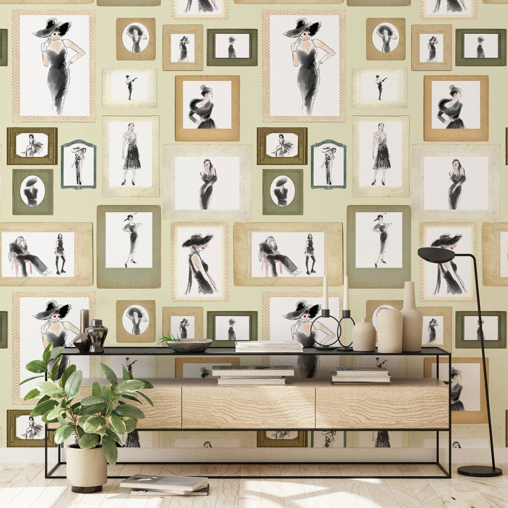 Vintage Fashion Portrait Gallery Mural Wallpaper in living room