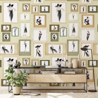 Vintage Fashion Portrait Gallery Mural Wallpaper in living room
