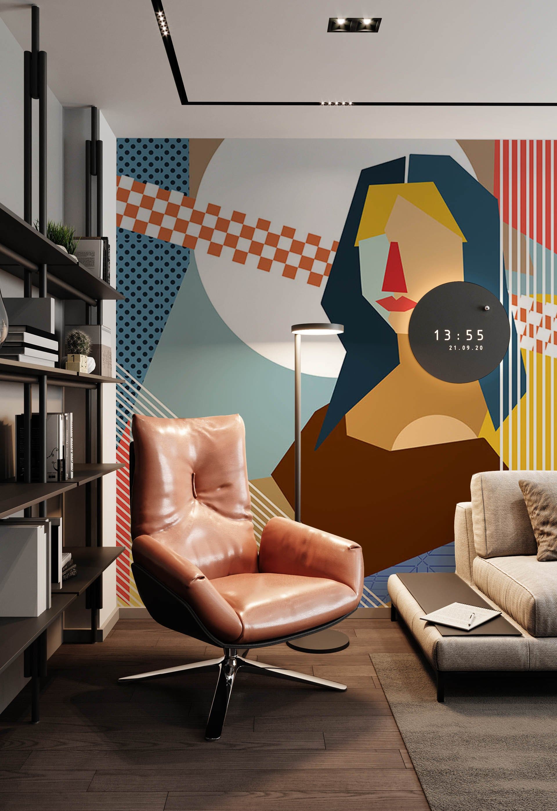 Wallpaper Mural Featuring an Abstract Portrait of the Mona Lisa for Use in Decorating the Living Room