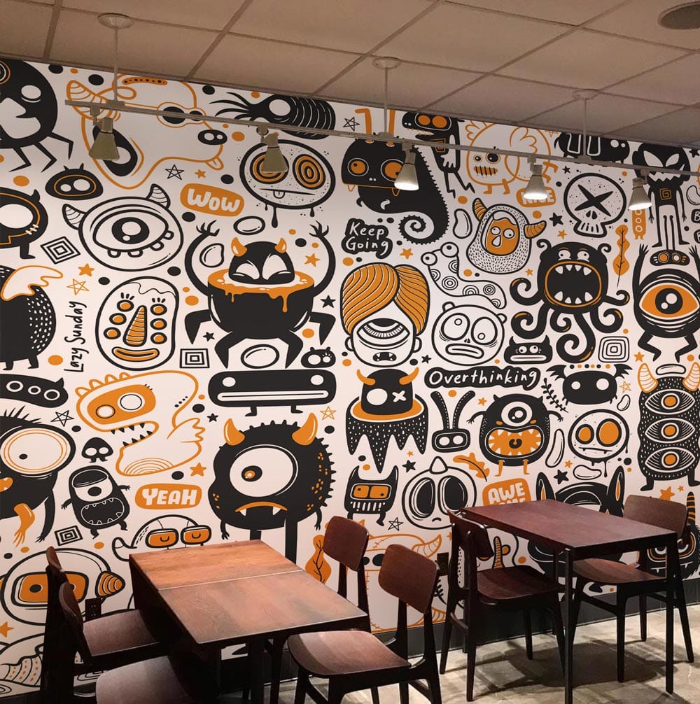 orange and black monsters and aliens pattern restaurant mural design