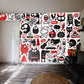 red and black patterns of monsters and aliens living room wallpaper design