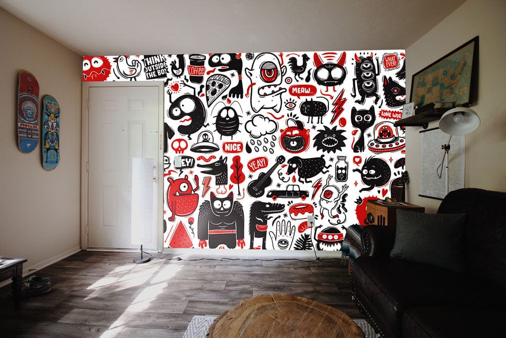 red and black patterns of monsters and aliens living room wallpaper design