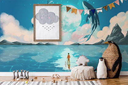 Oceanic Whales Moonlight Dance Mural Wallpaper in children's room