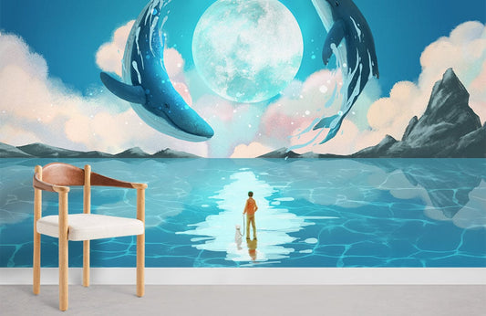 Oceanic Whales Moonlight Dance Mural Wallpaper