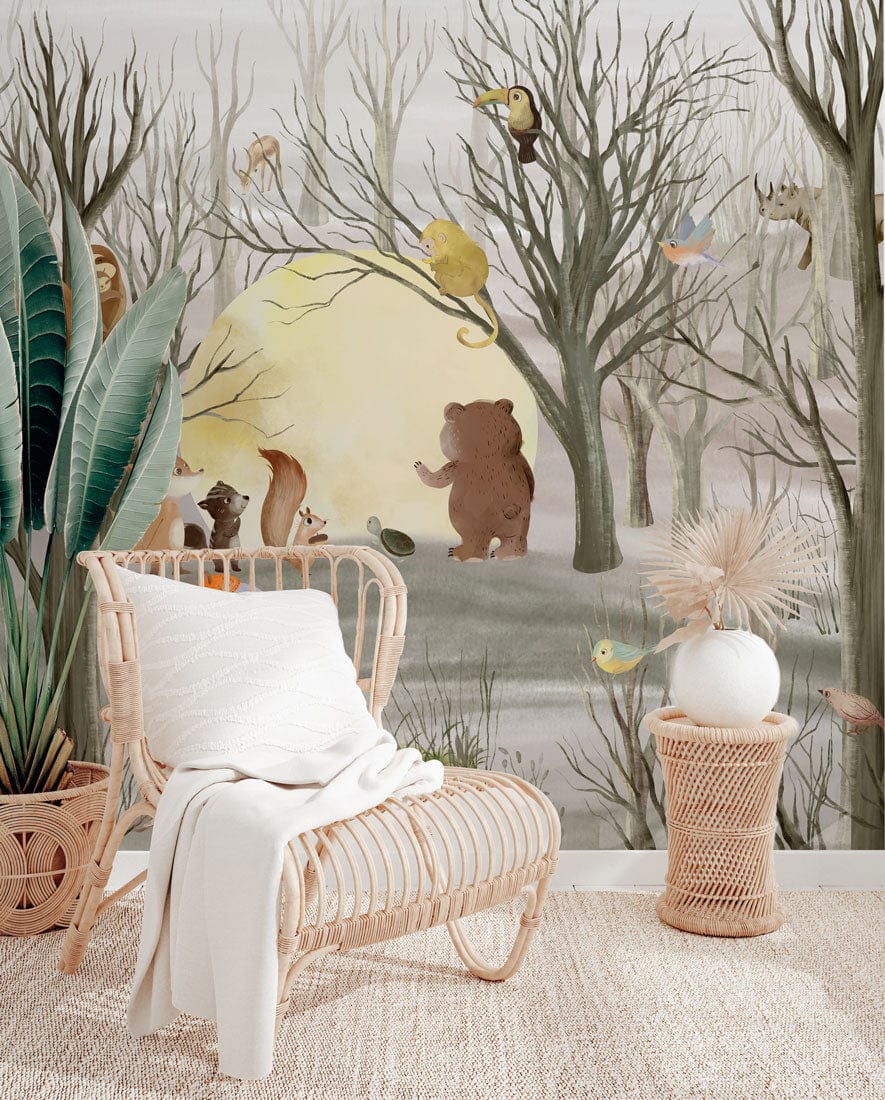 Wallpaper Mural of Animals' Houses with the Moon for Hallway Decorations