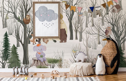 Kid's Room Wall Mural Wallpaper Showing a Moon Over a Wintery Jungle in Full Moon
