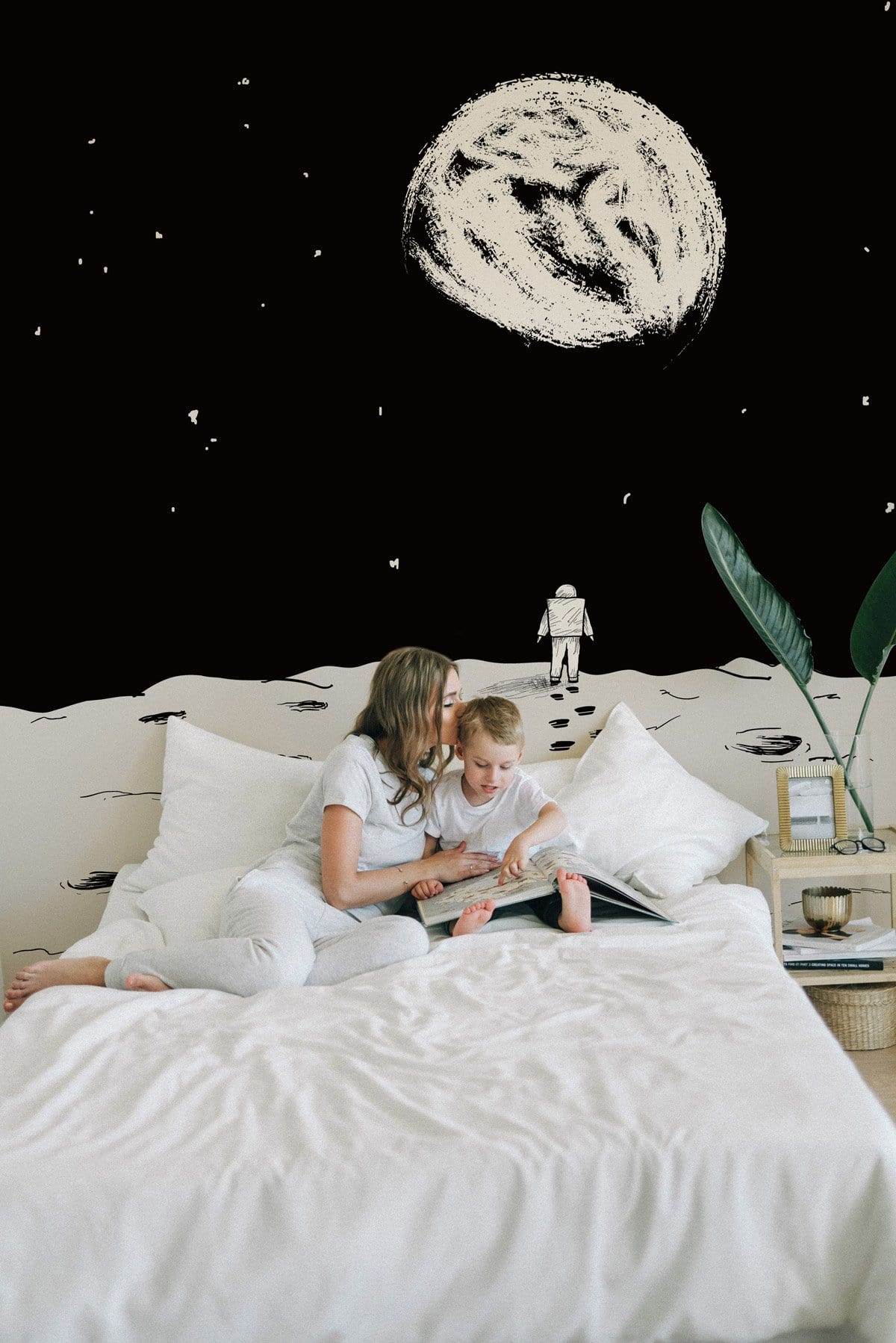 Moon Landing Scene in Black and White on a Wallpaper Mural for Decorating Children's Rooms