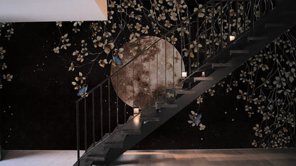 Metallic Moon Floral Botanical Mural Wallpaper in bedroom