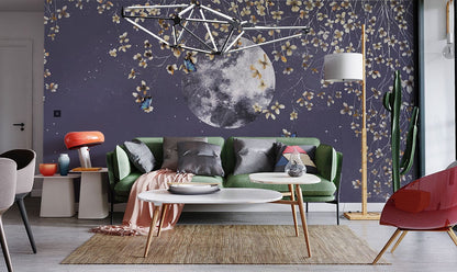 Moonlight Floral Butterfly Bedroom Mural Wallpaper in living room