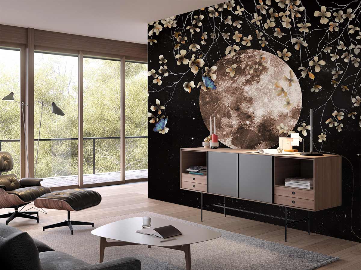 Metallic Moon Floral Botanical Mural Wallpaper