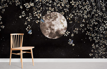 Metallic Moon Floral Botanical Mural Wallpaper