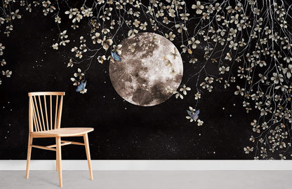 Metallic Moon Floral Botanical Mural Wallpaper