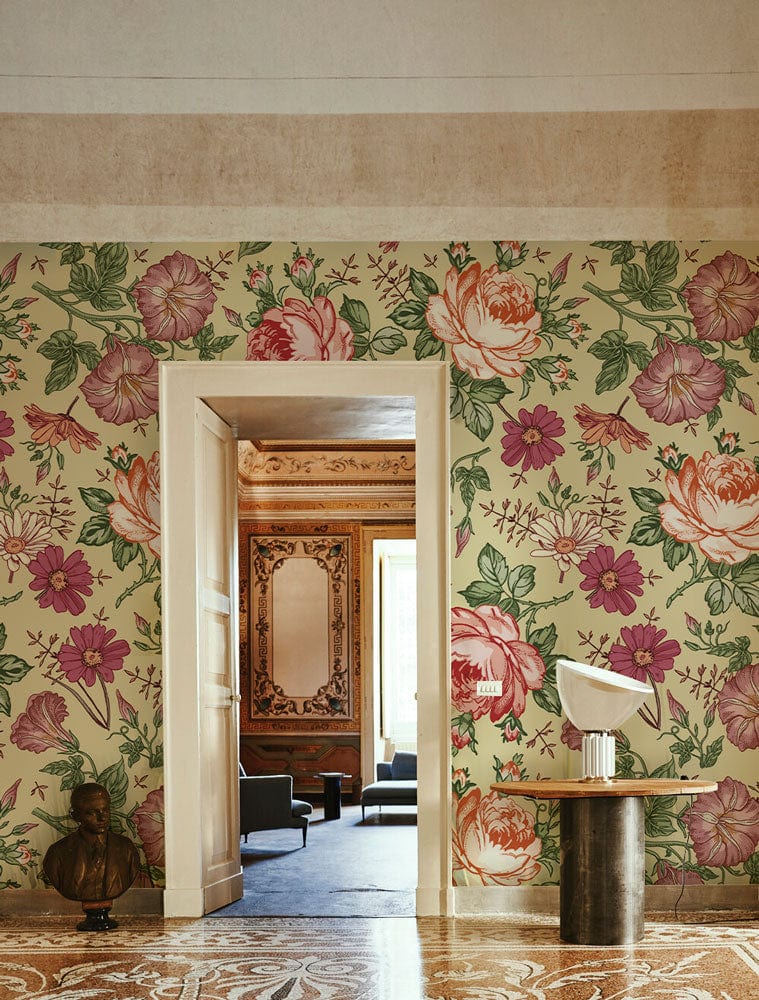 Wallpaper mural with moonflowers and petunias for the hallway's decor