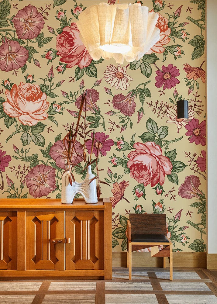 Wallpaper mural with moonflowers and petunias, perfect for use as a hallway decoration