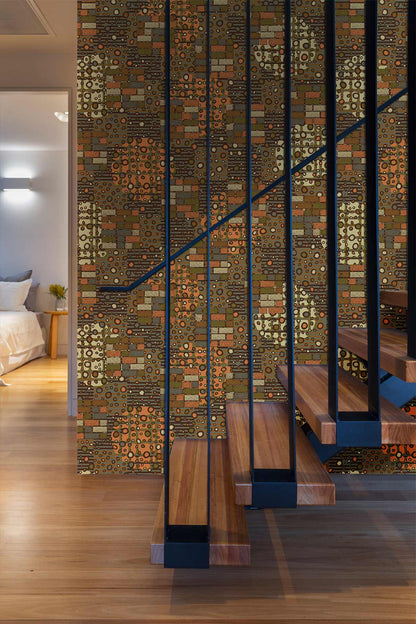 Rustic Orange Geometric Mural Wallpaper in bedroom