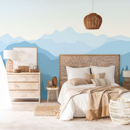 Serene Blue Mountain Range Mural Wallpaper in bedroom