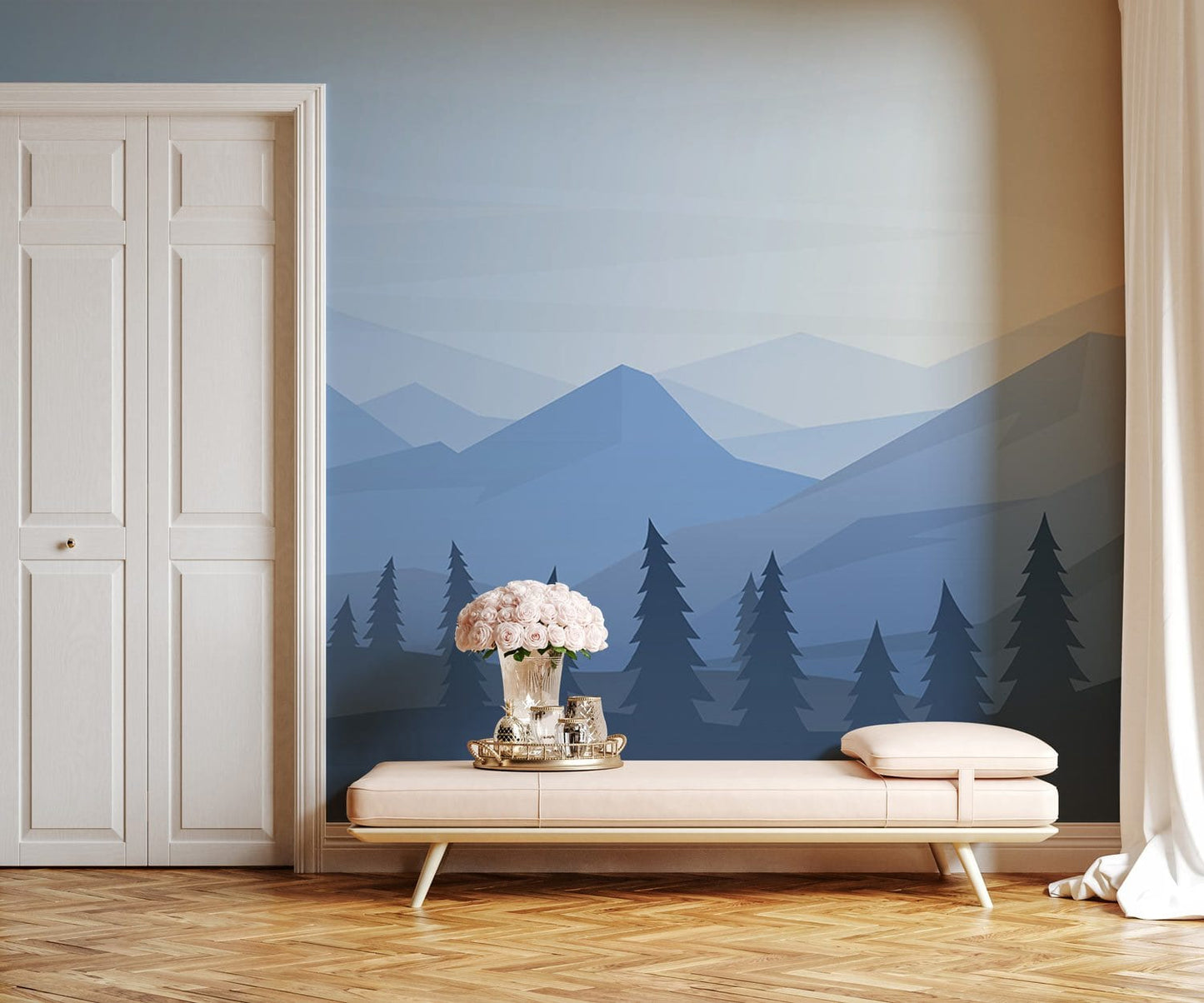 Wallpaper of a mountain forest in a living room