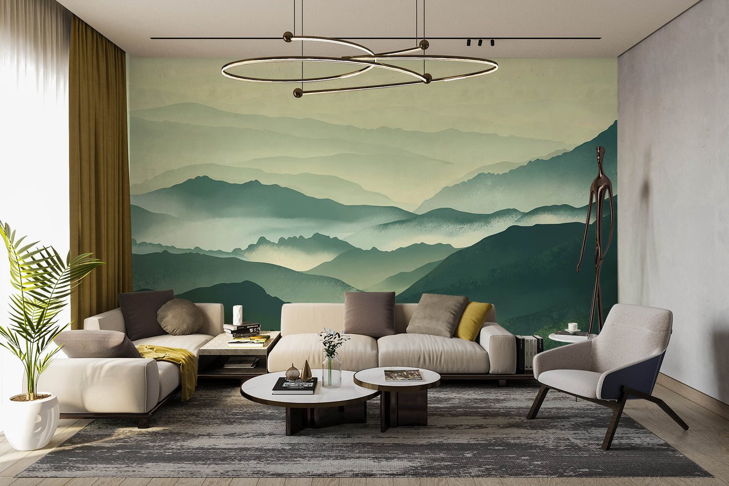 wallpaper murals for living rooms - green misty mountains