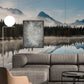 Wallpaper mural featuring mountains and distant landscapes, perfect for decorating a living room.