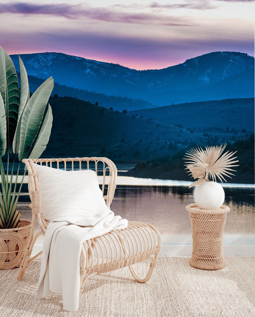 Wallpaper mural for the hallway featuring a mountain range and a purple sunset scene.