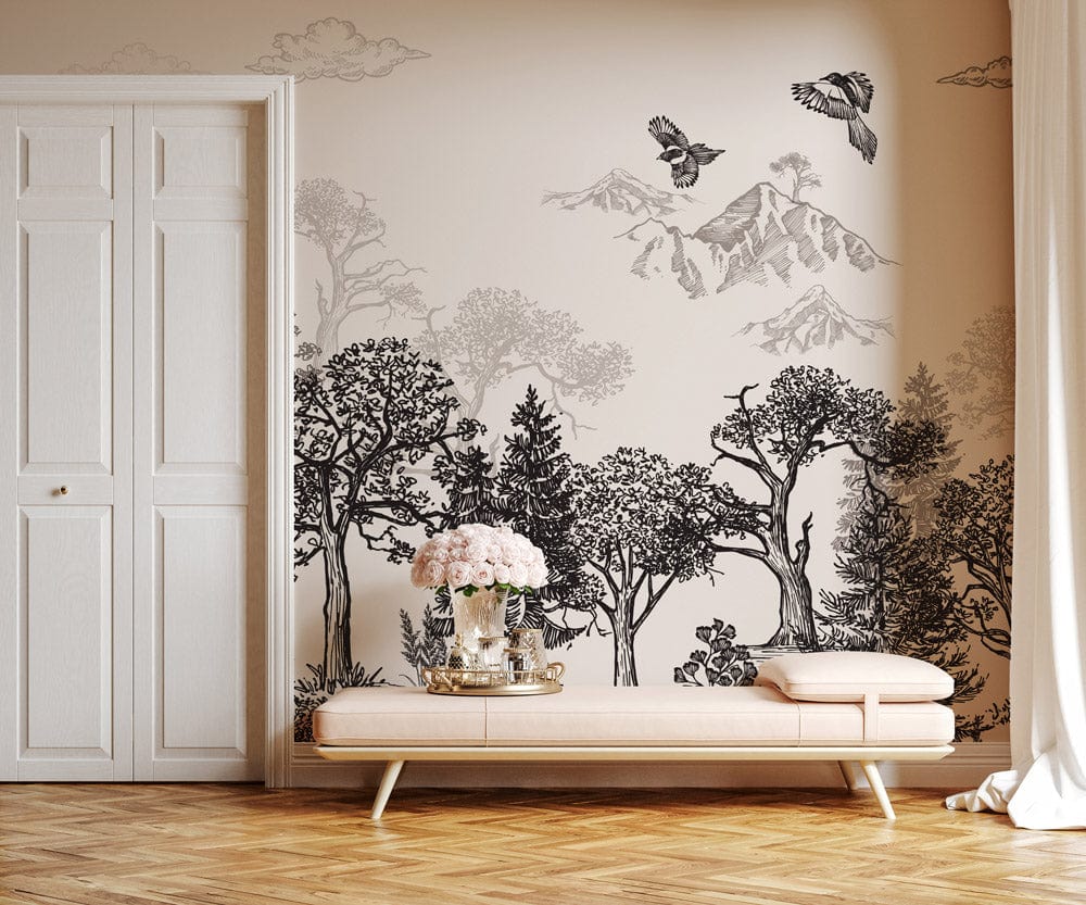 Mountains & Trees Sketch Gray Wallpaper Mural 