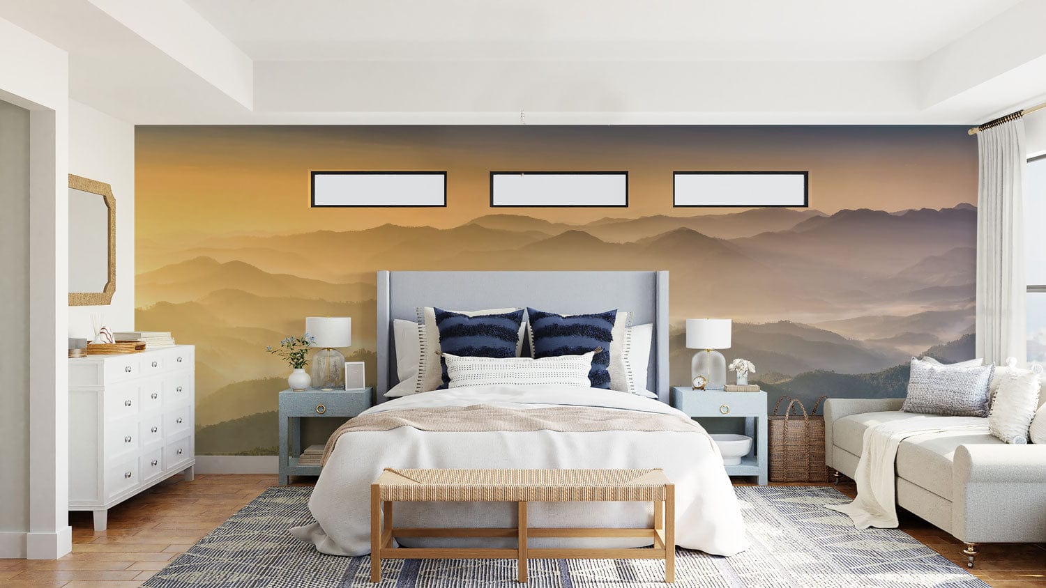 Wallpaper mural for the bedroom decor featuring mountains enjoying the sunshine