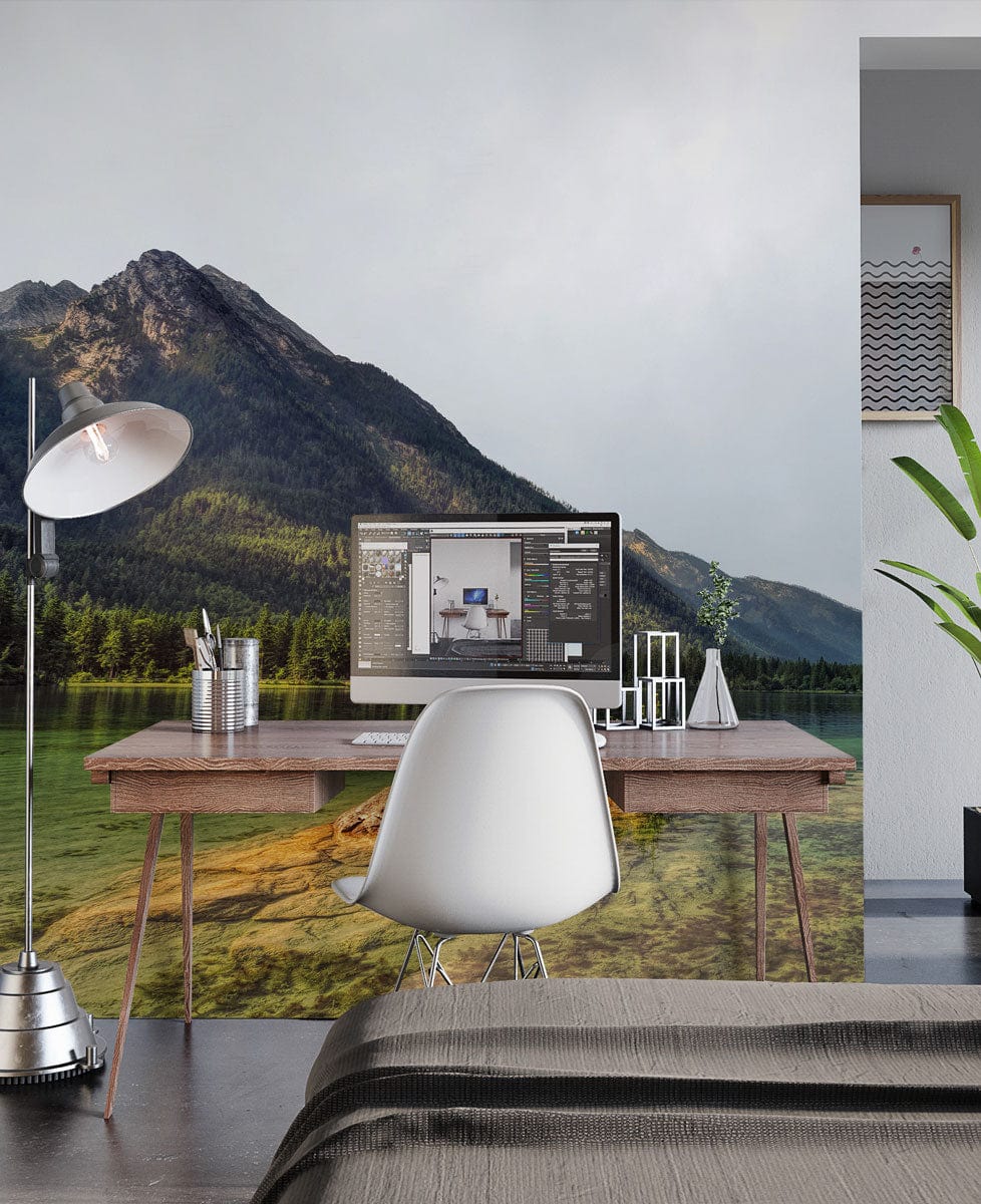 Wallpaper mural with mountains and a lake, perfect for decorating your office.