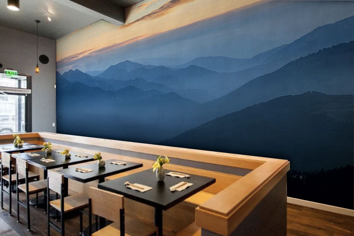 Wallpaper mural with mountains that are cut off from the sky, landscapes, for use in decorating the dining space.