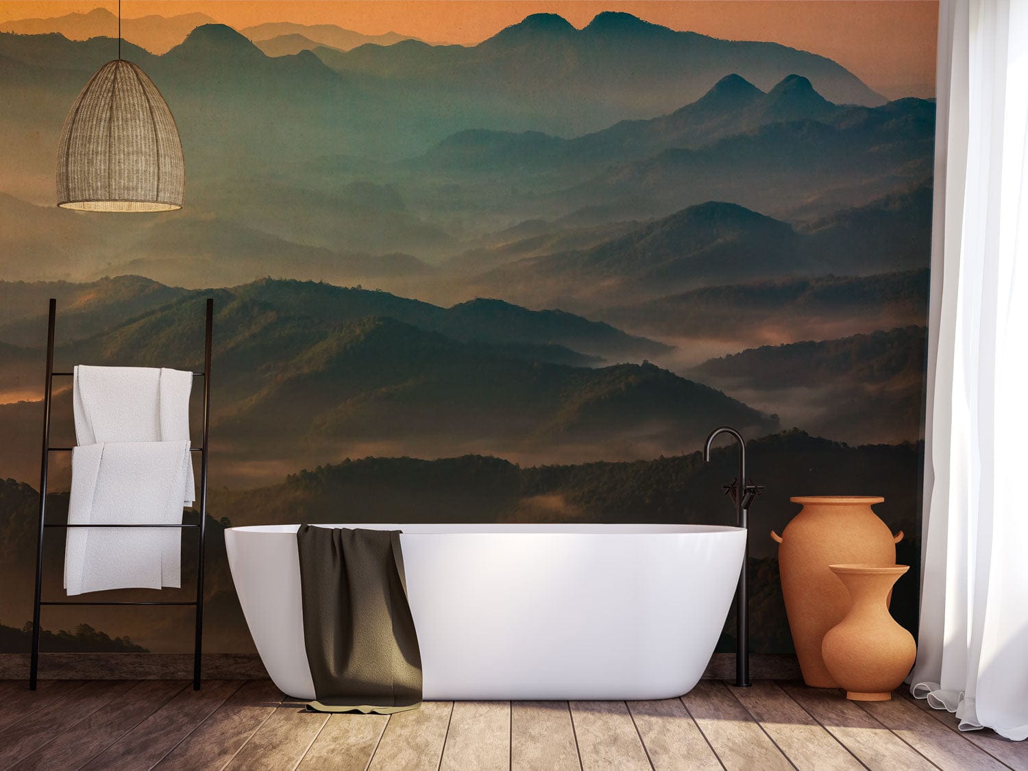 Wallpaper Mural for Bathroom Decoration Featuring Mountains Looking Out Over the Landscape
