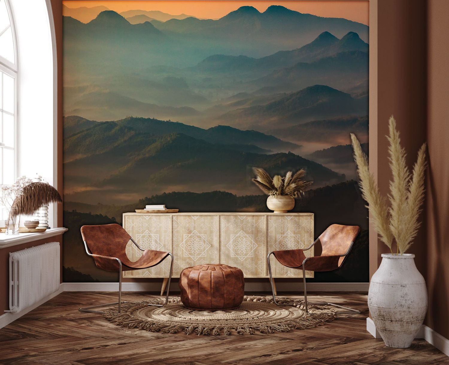Wallpaper mural depicting mountains and landscapes, ideal for use in hallway decor.