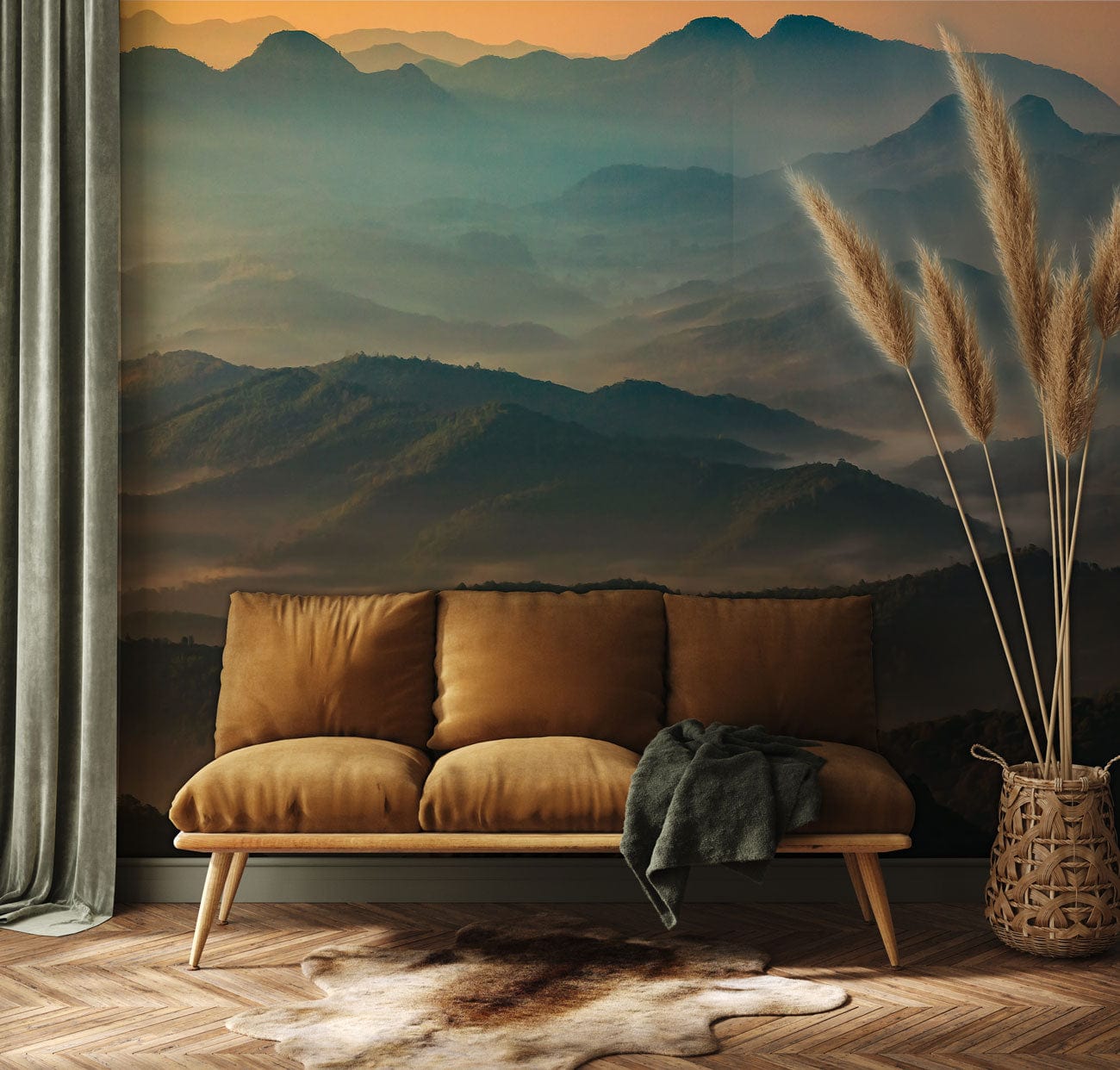 Wallpaper mural with mountains and landscapes, perfect for use as decoration in a hallway